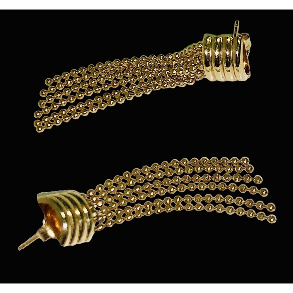 14K Yellow Gold Long Tassel Drop Stud Dangle Earrings - Picture 5 of 6